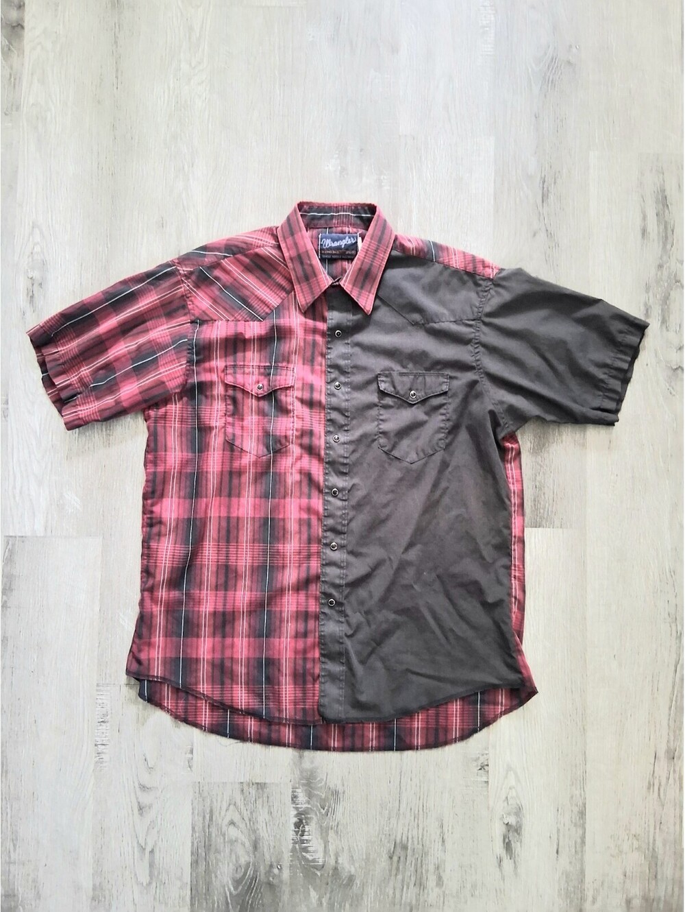Vintage Wrangler Men's 17.5 XL Western Half Plaid Red Black Pearl Snap Up Shirt